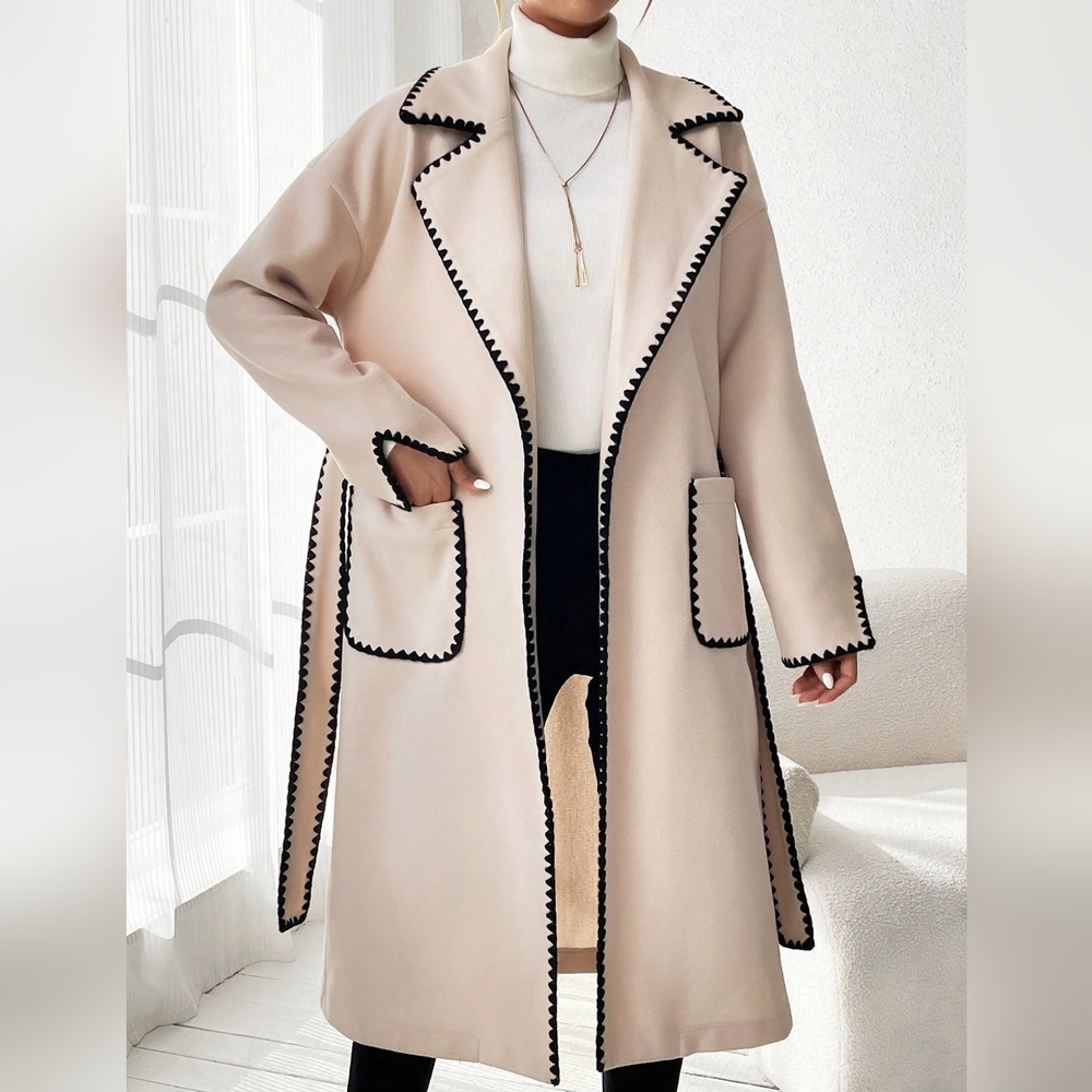 Colorblock Edging Belted Woolen Coat With Double Pockets - Picture 1 of 6